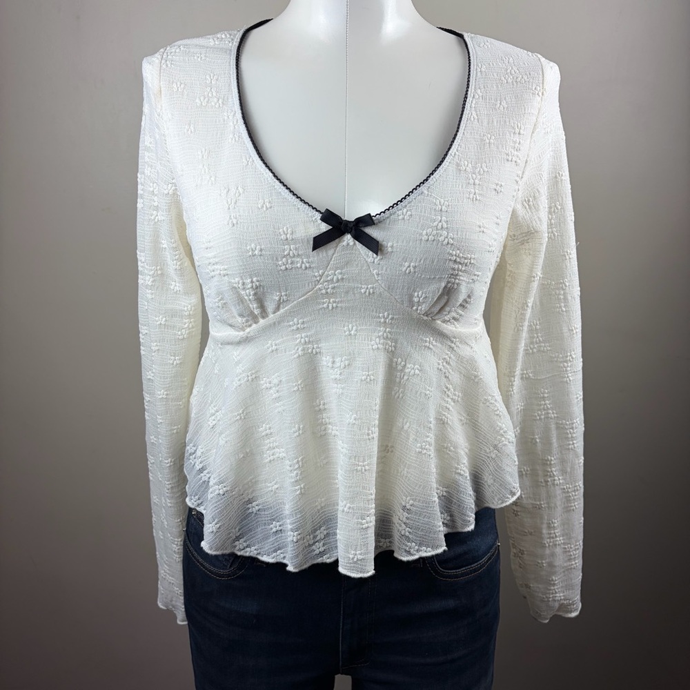 Heart Hips Coquette Fairy Whimsygoth Cottagecore Cream Long Sleeve Blouse Bow